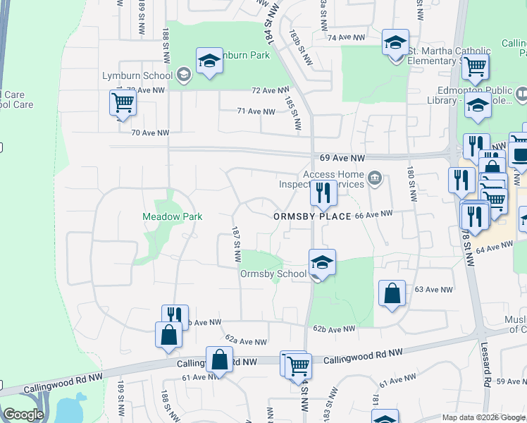 map of restaurants, bars, coffee shops, grocery stores, and more near 6427 187 Street Northwest in Edmonton