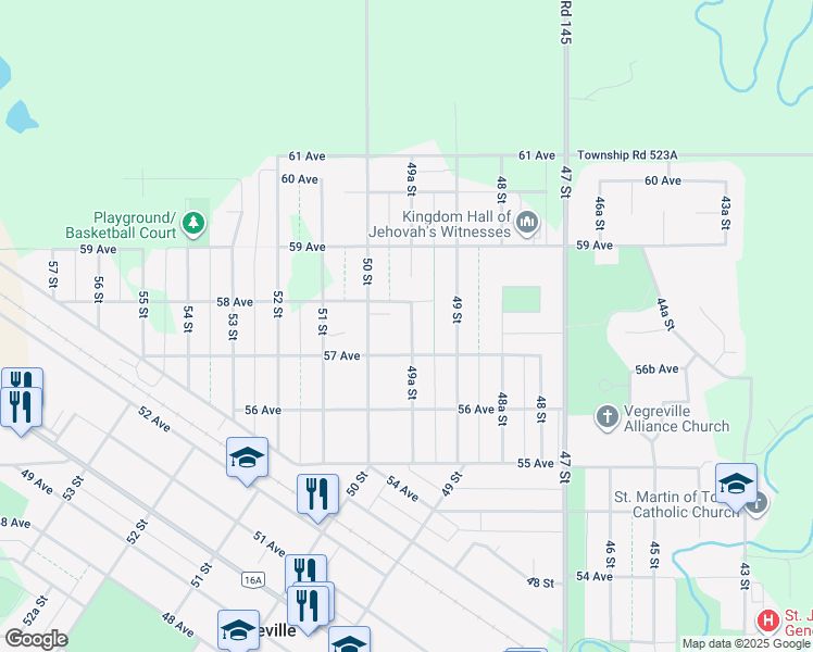 map of restaurants, bars, coffee shops, grocery stores, and more near 5645 50 Street in Vegreville
