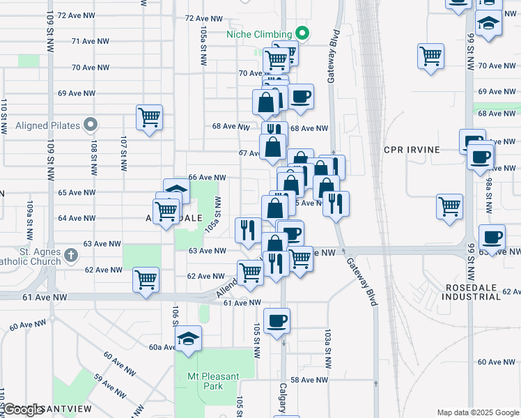 map of restaurants, bars, coffee shops, grocery stores, and more near 6515 104A Street Northwest in Edmonton