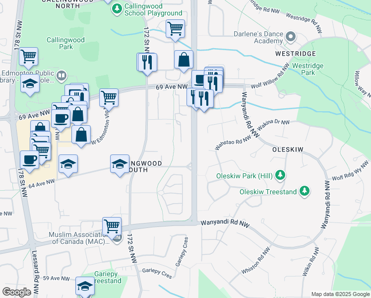 map of restaurants, bars, coffee shops, grocery stores, and more near 17011 67 Avenue Northwest in Edmonton