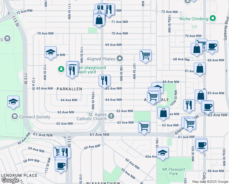 map of restaurants, bars, coffee shops, grocery stores, and more near 10826 65 Avenue Northwest in Edmonton