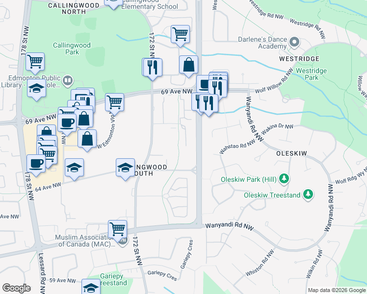 map of restaurants, bars, coffee shops, grocery stores, and more near 17109 67 Avenue Northwest in Edmonton