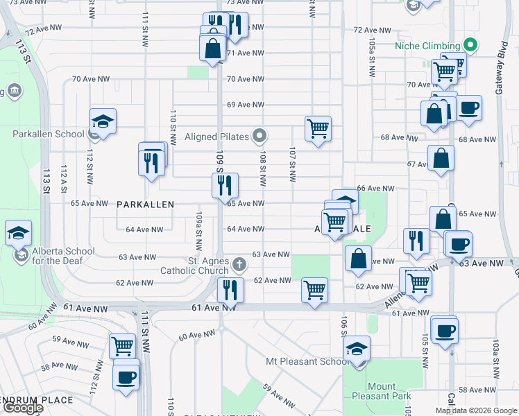 map of restaurants, bars, coffee shops, grocery stores, and more near 10803 65 Avenue Northwest in Edmonton