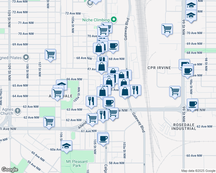 map of restaurants, bars, coffee shops, grocery stores, and more near 6608 104 Street Northwest in Edmonton