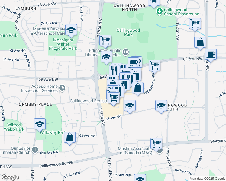 map of restaurants, bars, coffee shops, grocery stores, and more near 6655 178 Street Northwest in Edmonton