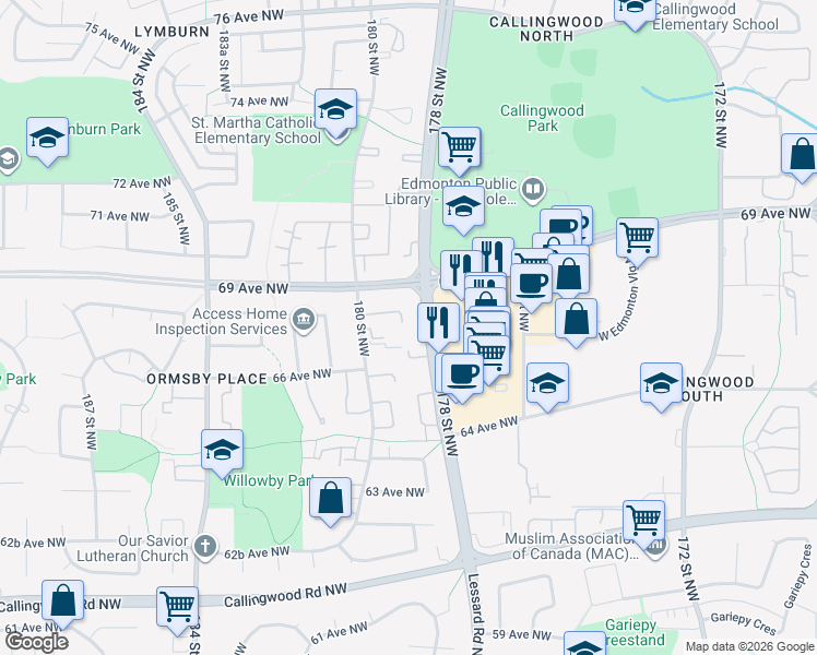map of restaurants, bars, coffee shops, grocery stores, and more near in Edmonton