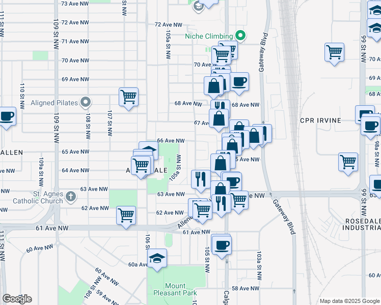 map of restaurants, bars, coffee shops, grocery stores, and more near 6512 105 Street Northwest in Edmonton