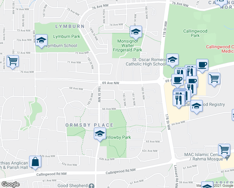 map of restaurants, bars, coffee shops, grocery stores, and more near 6715 183 Street Northwest in Edmonton