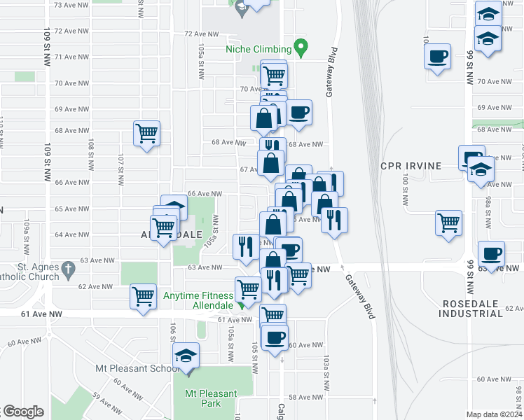 map of restaurants, bars, coffee shops, grocery stores, and more near 6515 104A Street Northwest in Edmonton