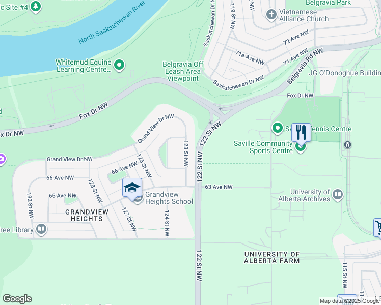 map of restaurants, bars, coffee shops, grocery stores, and more near 6603 123 Street Northwest in Edmonton