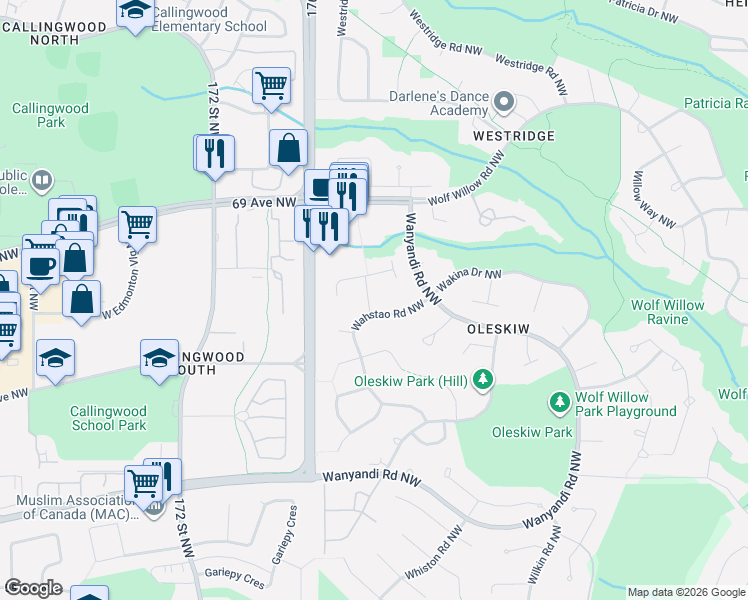 map of restaurants, bars, coffee shops, grocery stores, and more near 256 Waygood Road Northwest in Edmonton