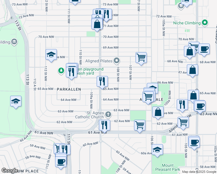 map of restaurants, bars, coffee shops, grocery stores, and more near 10826 65 Avenue Northwest in Edmonton