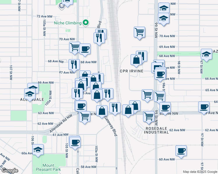 map of restaurants, bars, coffee shops, grocery stores, and more near 6543 Gateway Boulevard Northwest in Edmonton