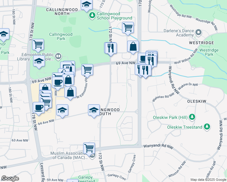 map of restaurants, bars, coffee shops, grocery stores, and more near 6623 172 Street Northwest in Edmonton