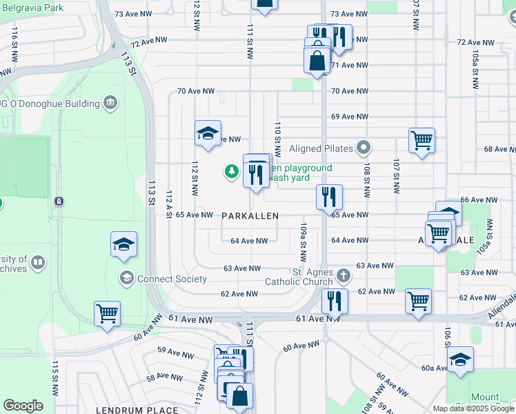 map of restaurants, bars, coffee shops, grocery stores, and more near 11020 65 Avenue Northwest in Edmonton