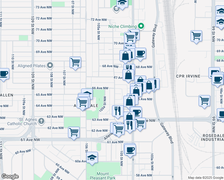 map of restaurants, bars, coffee shops, grocery stores, and more near 6512 105 Street Northwest in Edmonton