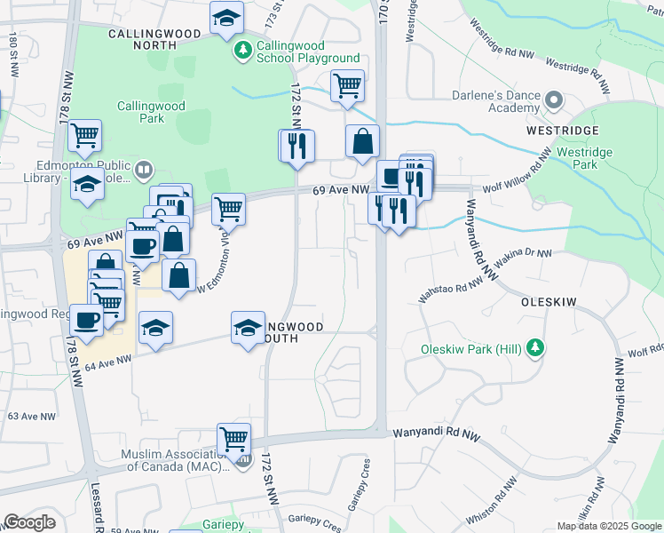 map of restaurants, bars, coffee shops, grocery stores, and more near 17109 67 Avenue Northwest in Edmonton