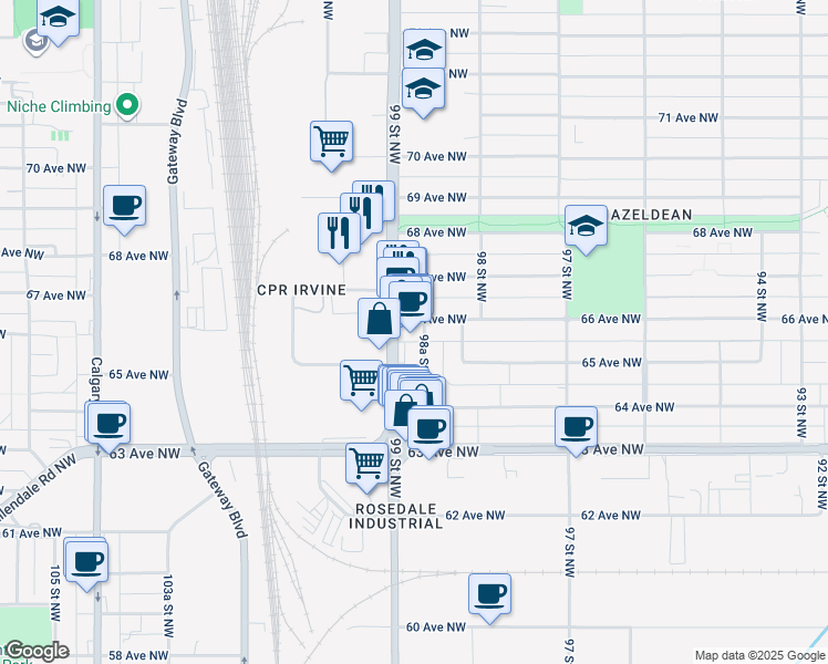 map of restaurants, bars, coffee shops, grocery stores, and more near 6553 99 Street Northwest in Edmonton
