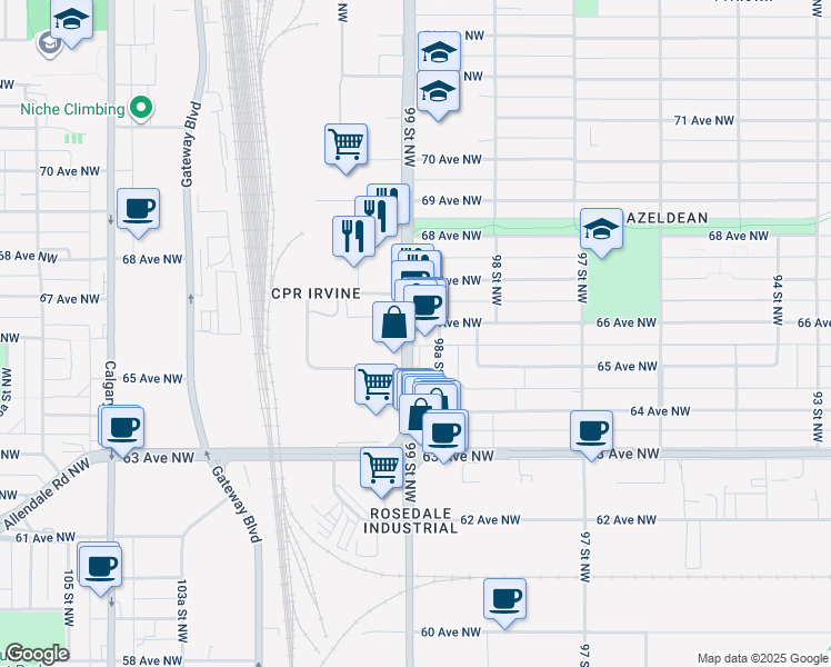 map of restaurants, bars, coffee shops, grocery stores, and more near 6553 99 Street Northwest in Edmonton