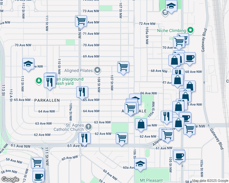 map of restaurants, bars, coffee shops, grocery stores, and more near in Edmonton
