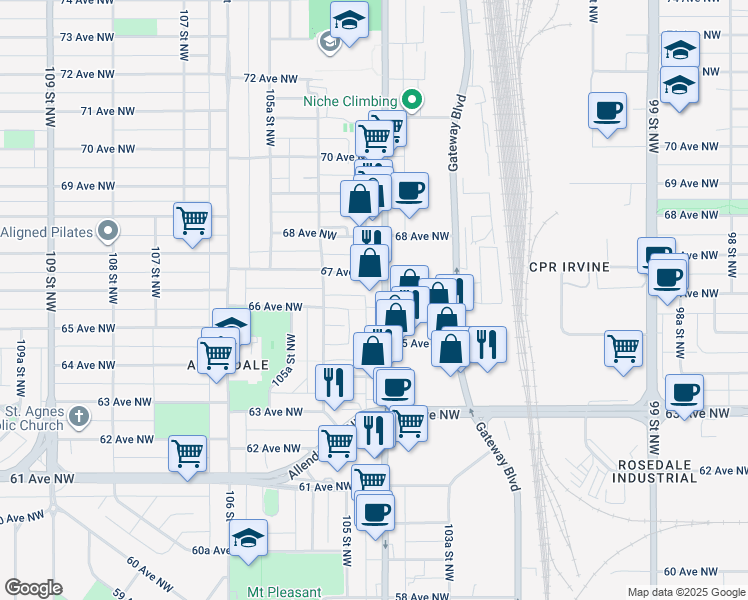 map of restaurants, bars, coffee shops, grocery stores, and more near 6608 104 Street Northwest in Edmonton