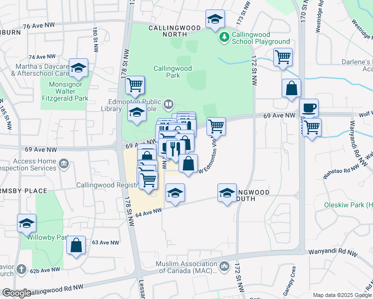 map of restaurants, bars, coffee shops, grocery stores, and more near 6647 177 Street Northwest in Edmonton