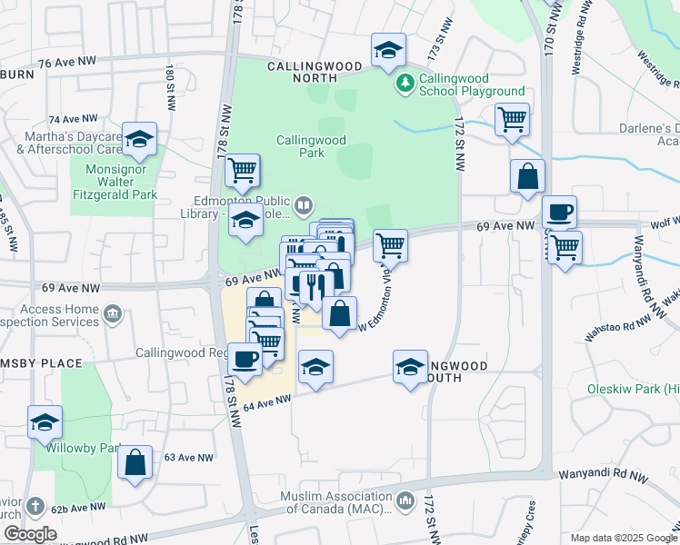 map of restaurants, bars, coffee shops, grocery stores, and more near 6647 177 Street Northwest in Edmonton