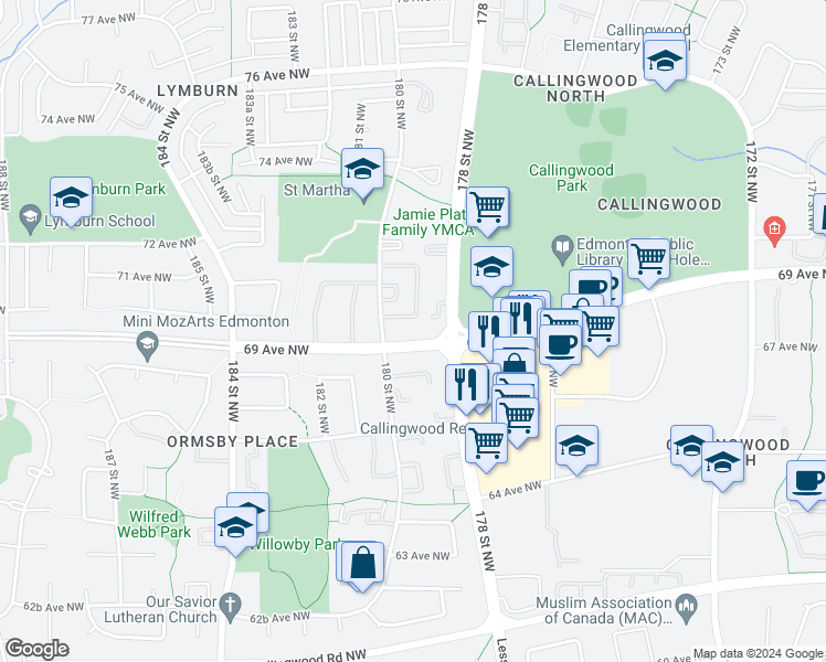 map of restaurants, bars, coffee shops, grocery stores, and more near 17828-17960 69 Avenue Northwest in Edmonton