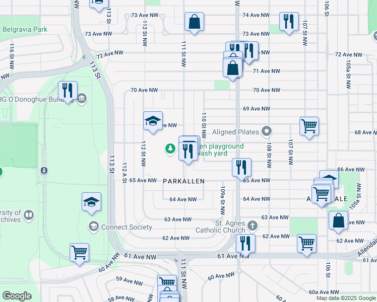 map of restaurants, bars, coffee shops, grocery stores, and more near 6553 111 Street Northwest in Edmonton
