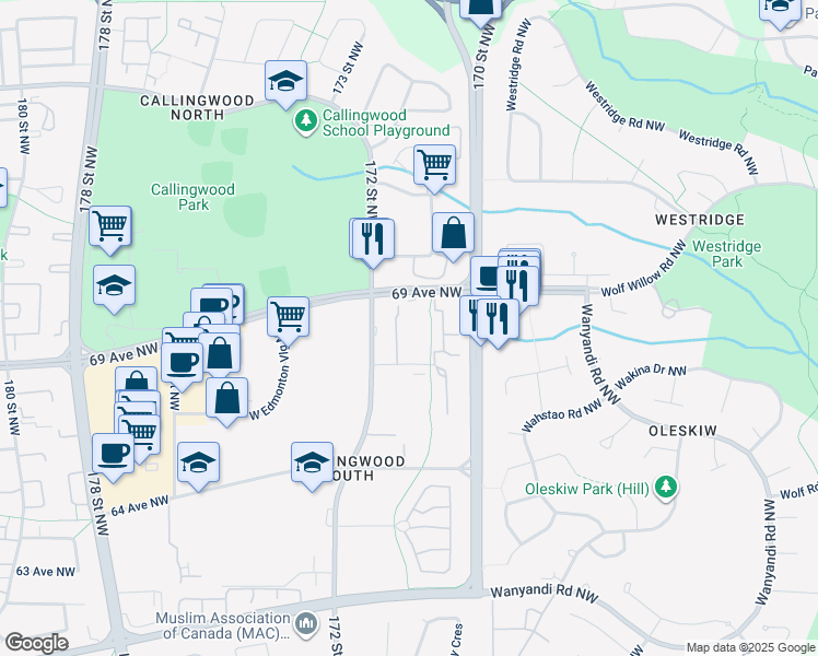 map of restaurants, bars, coffee shops, grocery stores, and more near 17139 69 Avenue Northwest in Edmonton