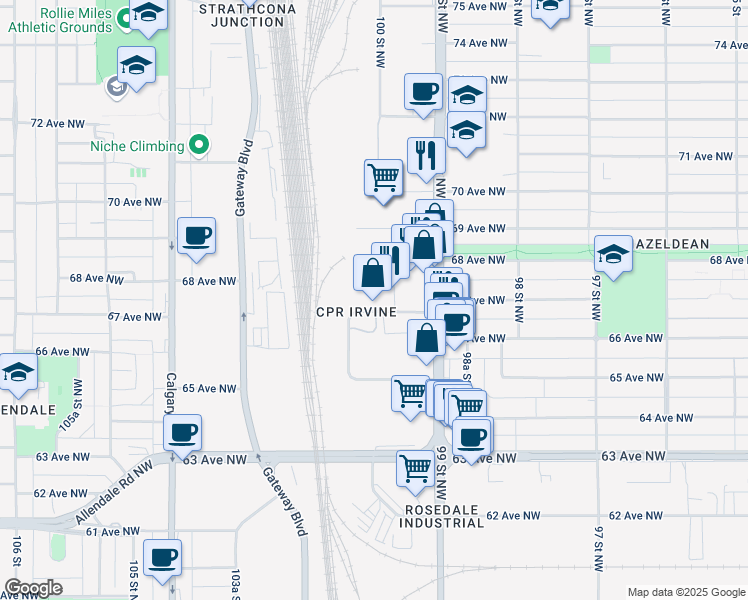 map of restaurants, bars, coffee shops, grocery stores, and more near 9942 67 Avenue Northwest in Edmonton