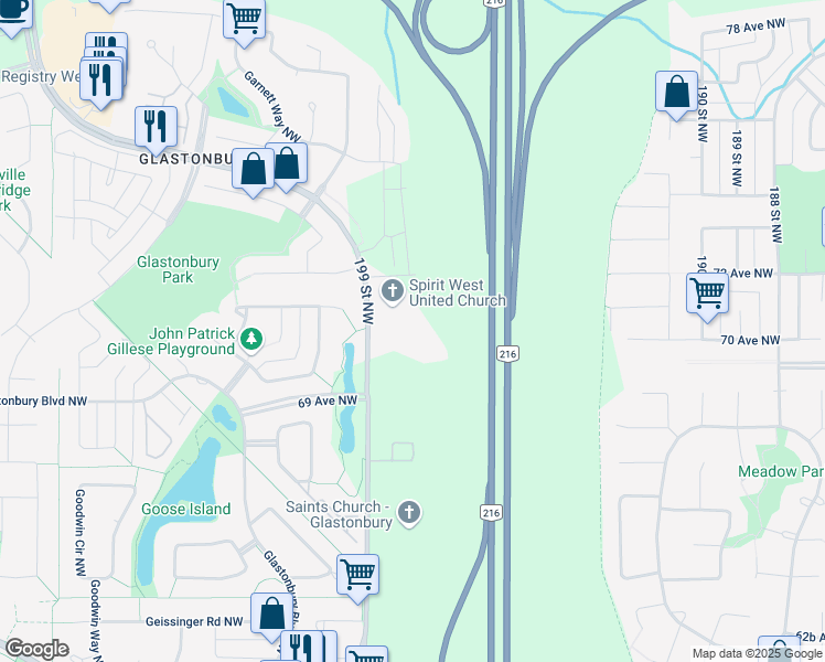 map of restaurants, bars, coffee shops, grocery stores, and more near 6925 199 Street Northwest in Edmonton