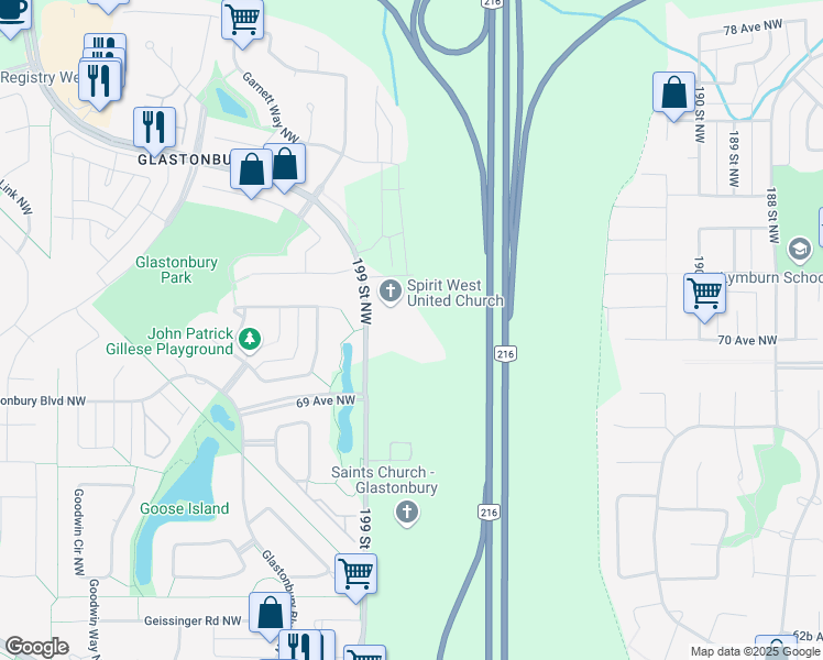 map of restaurants, bars, coffee shops, grocery stores, and more near 6925 199 Street Northwest in Edmonton