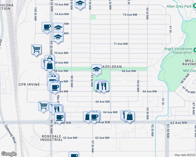 map of restaurants, bars, coffee shops, grocery stores, and more near 6715 97 Street Northwest in Edmonton