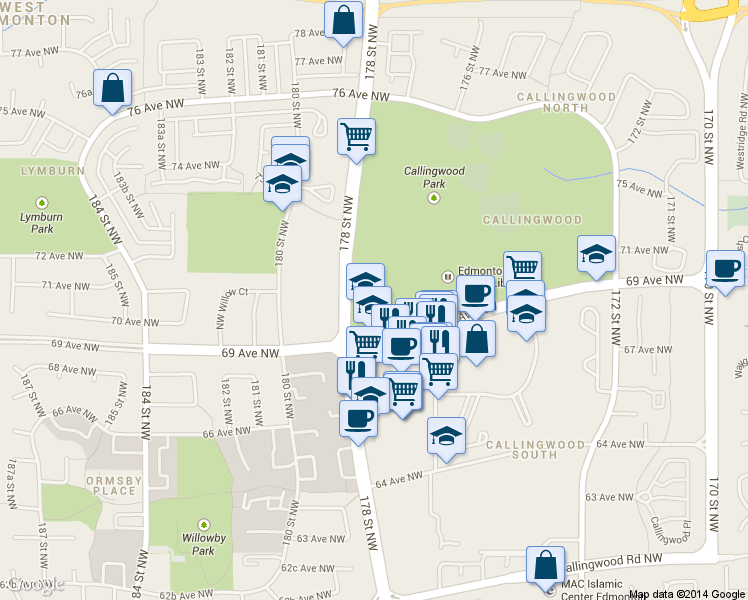 map of restaurants, bars, coffee shops, grocery stores, and more near 17760 69 Avenue Northwest in Edmonton