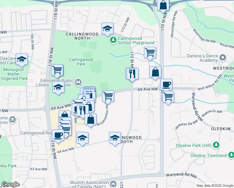 map of restaurants, bars, coffee shops, grocery stores, and more near 6630 172 Street Northwest in Edmonton
