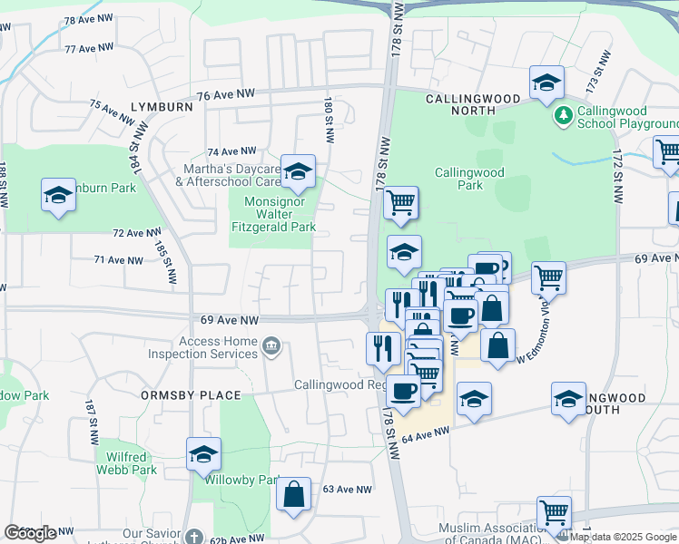 map of restaurants, bars, coffee shops, grocery stores, and more near 17828-17960 69 Avenue Northwest in Edmonton