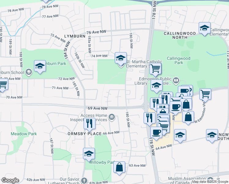 map of restaurants, bars, coffee shops, grocery stores, and more near 514 Northwest Willow Court in Edmonton