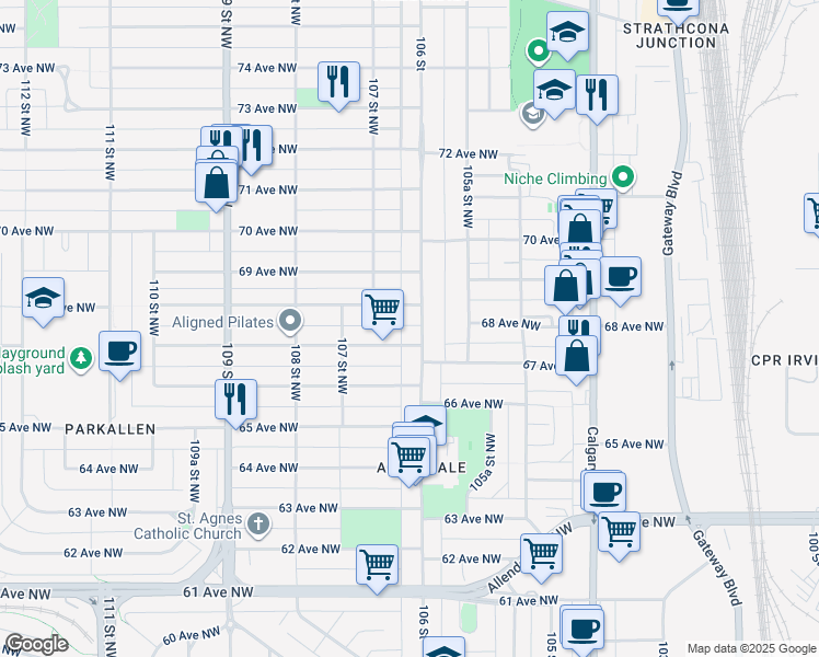 map of restaurants, bars, coffee shops, grocery stores, and more near in Edmonton