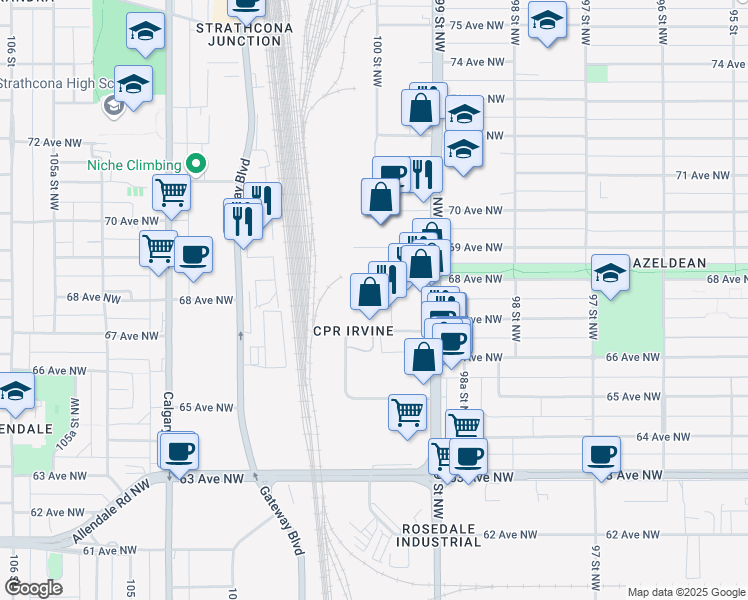 map of restaurants, bars, coffee shops, grocery stores, and more near 9942 67 Avenue Northwest in Edmonton