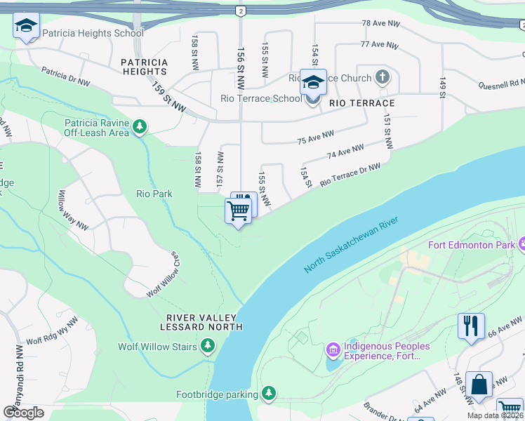 map of restaurants, bars, coffee shops, grocery stores, and more near 7306 155 Street Northwest in Edmonton