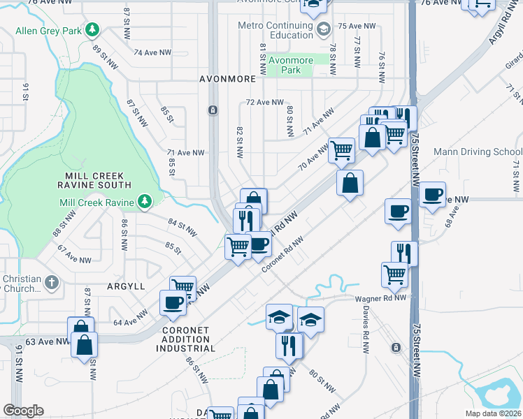 map of restaurants, bars, coffee shops, grocery stores, and more near 8107 70 Avenue Northwest in Edmonton