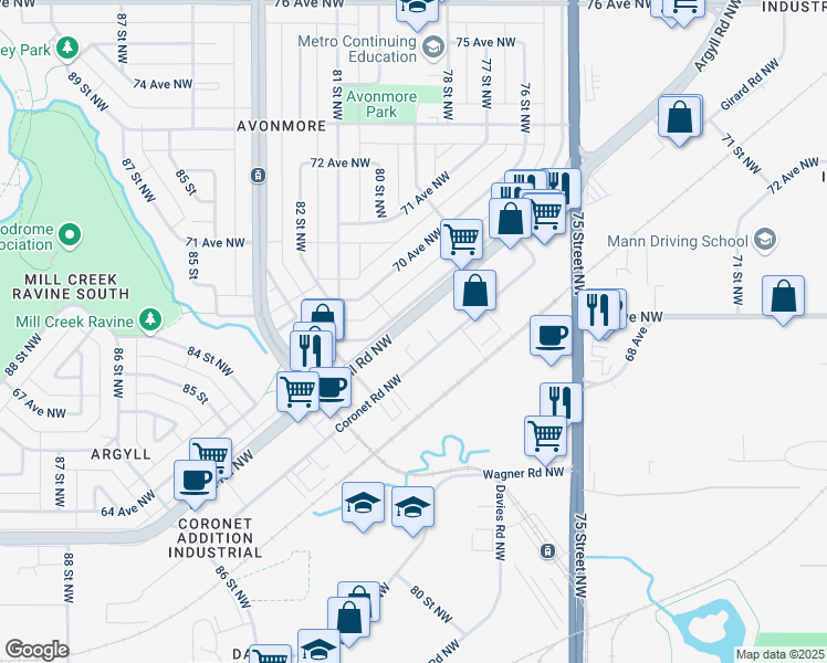 map of restaurants, bars, coffee shops, grocery stores, and more near 8023 Argyll Road Northwest in Edmonton