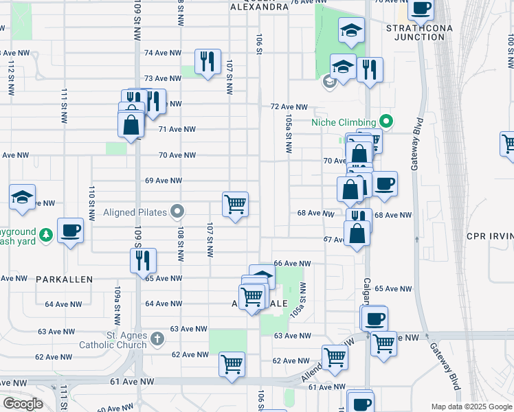 map of restaurants, bars, coffee shops, grocery stores, and more near in Edmonton