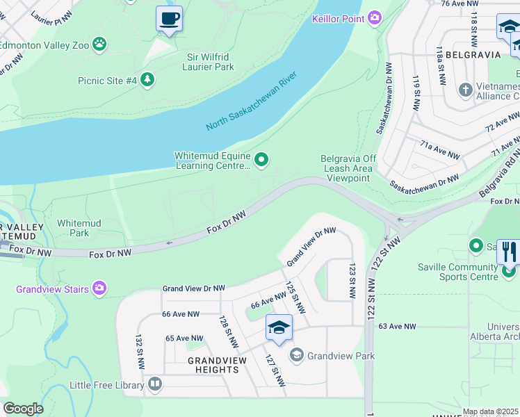 map of restaurants, bars, coffee shops, grocery stores, and more near Fox Drive Northwest in Edmonton