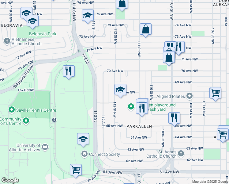 map of restaurants, bars, coffee shops, grocery stores, and more near 112 St NW & 68 Ave NW in Edmonton