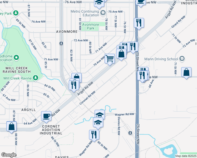 map of restaurants, bars, coffee shops, grocery stores, and more near 8023 Argyll Road Northwest in Edmonton