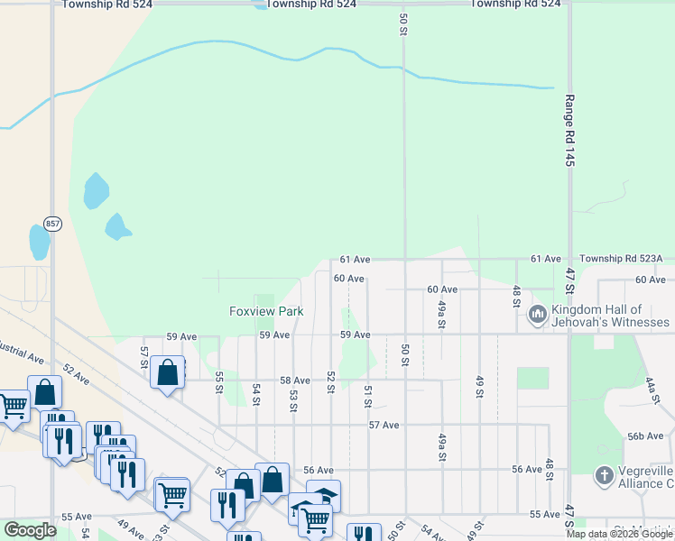 map of restaurants, bars, coffee shops, grocery stores, and more near 5946 52 Street in Vegreville