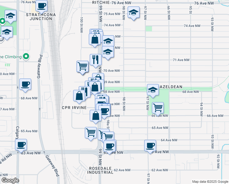 map of restaurants, bars, coffee shops, grocery stores, and more near 9825 68 Avenue Northwest in Edmonton