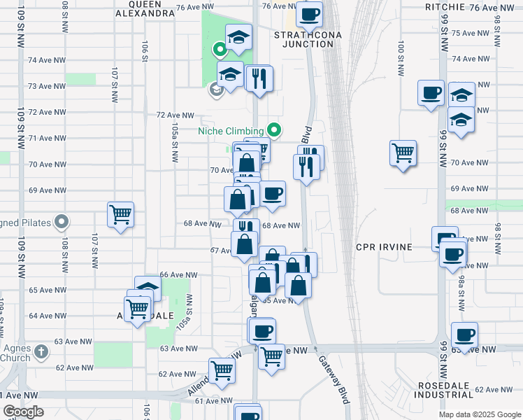 map of restaurants, bars, coffee shops, grocery stores, and more near 6817 Calgary Trail Northwest in Edmonton